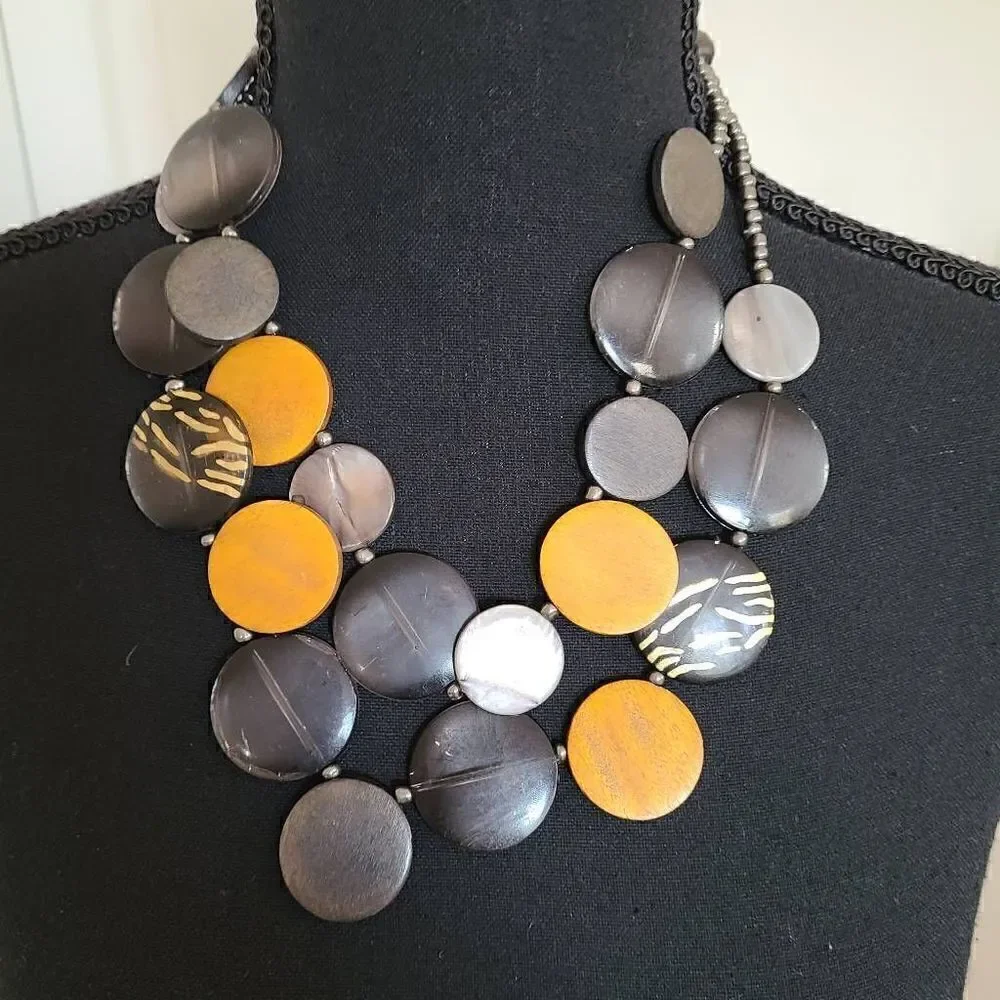 Double Strand Earthtone Disc and Wood Statement Necklace